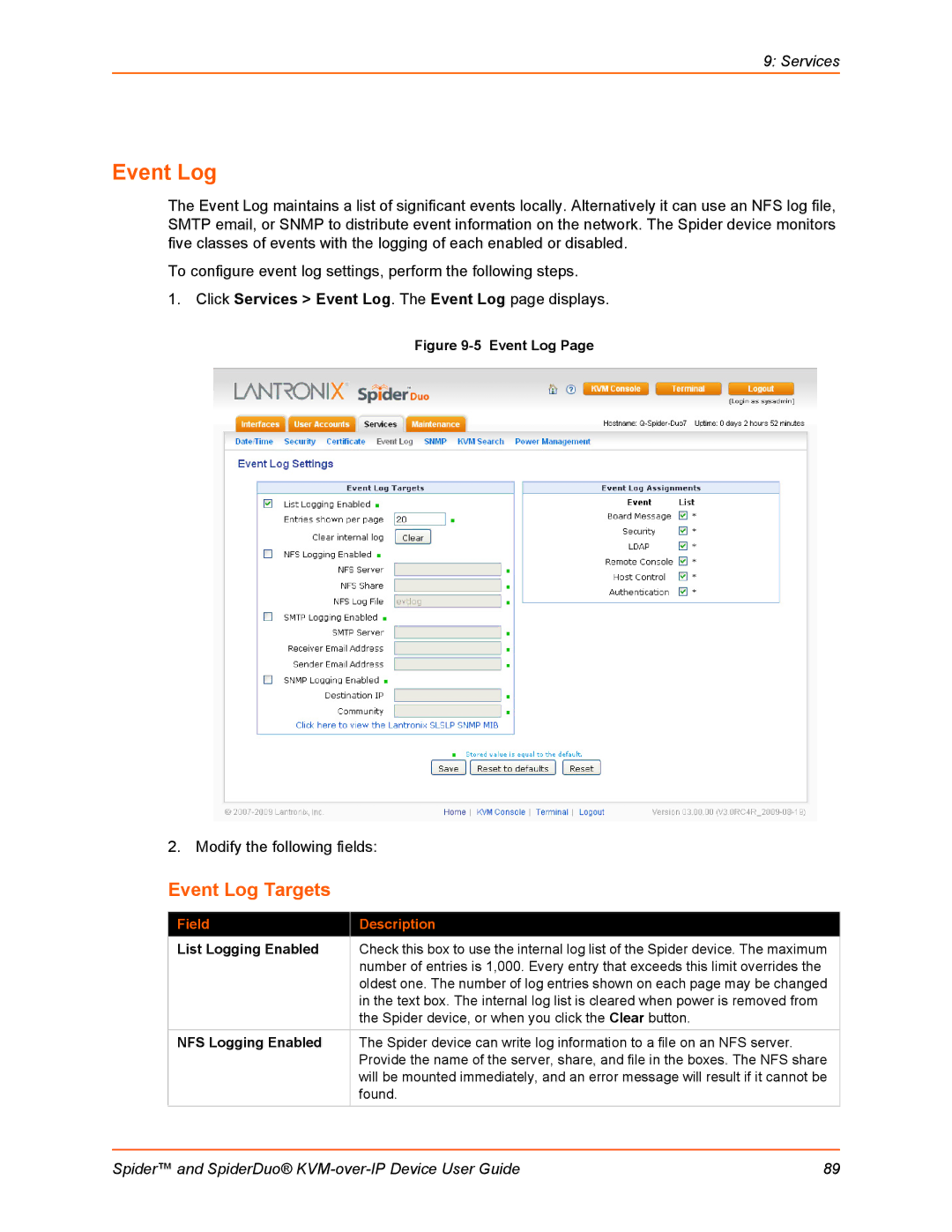 Lantronix SLSLP400PS201 manual Event Log Targets, List Logging Enabled, NFS Logging Enabled 