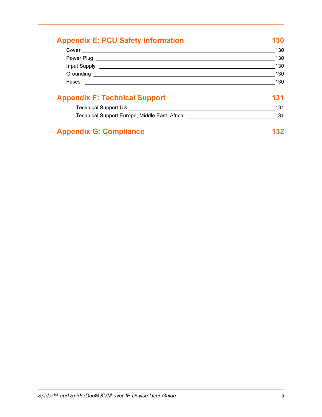 Lantronix SLSLP400PS201 Appendix E PCU Safety Information 130, Appendix F Technical Support 131, Appendix G Compliance 132 