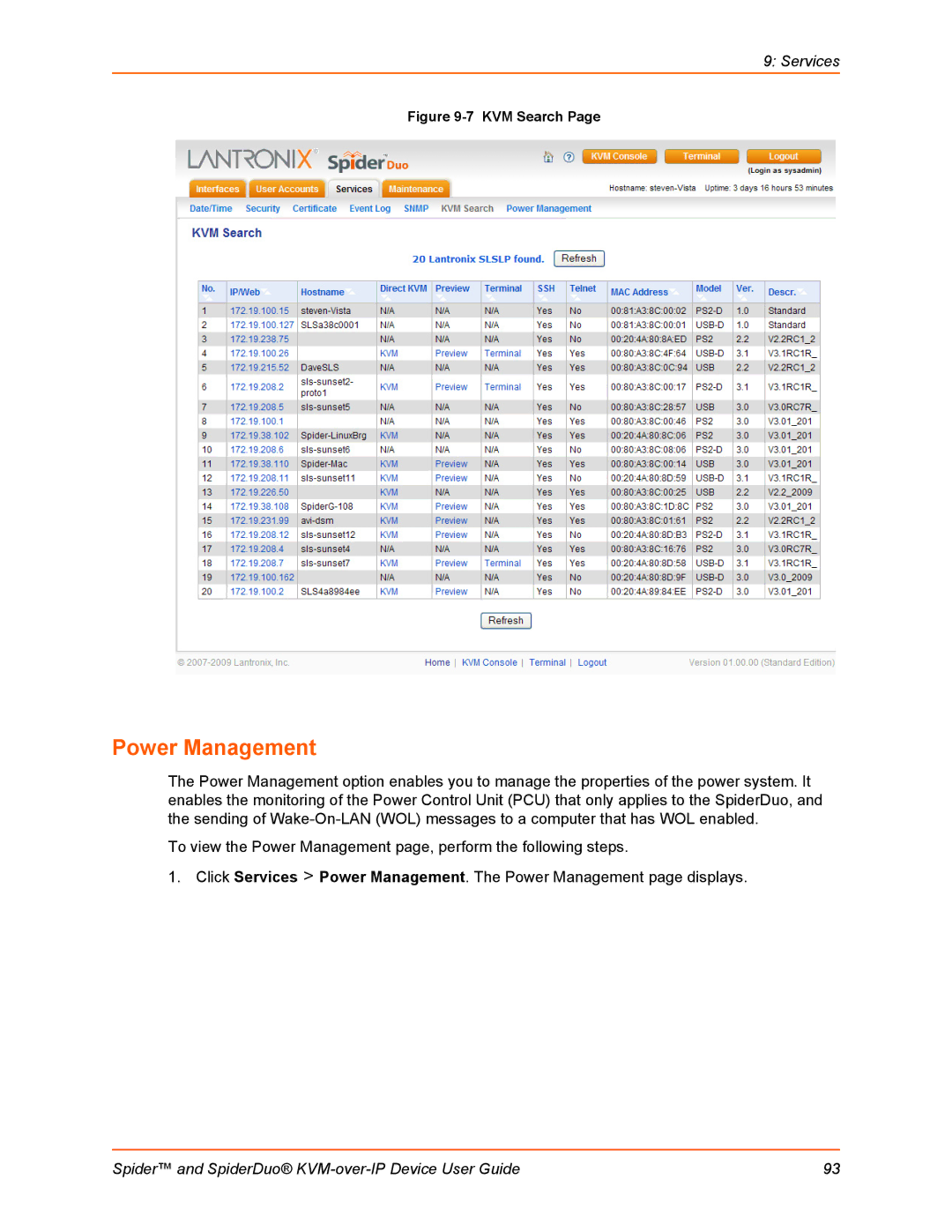 Lantronix SLSLP400PS201 manual Power Management, KVM Search 