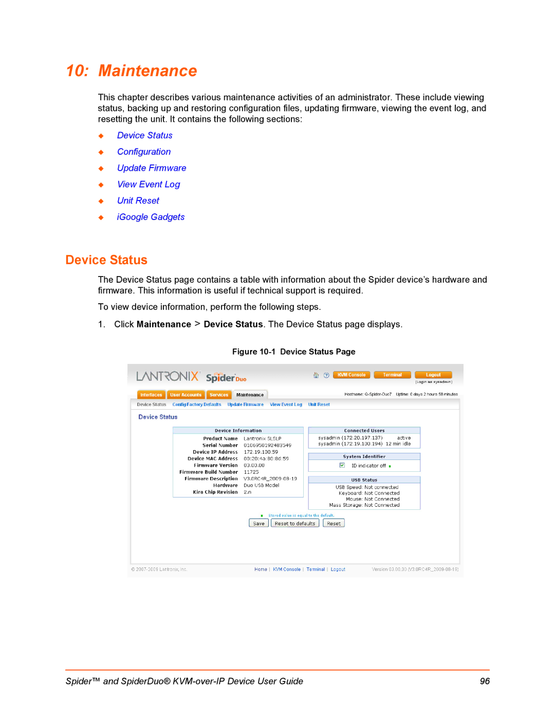 Lantronix SLSLP400PS201 manual Maintenance, Device Status 