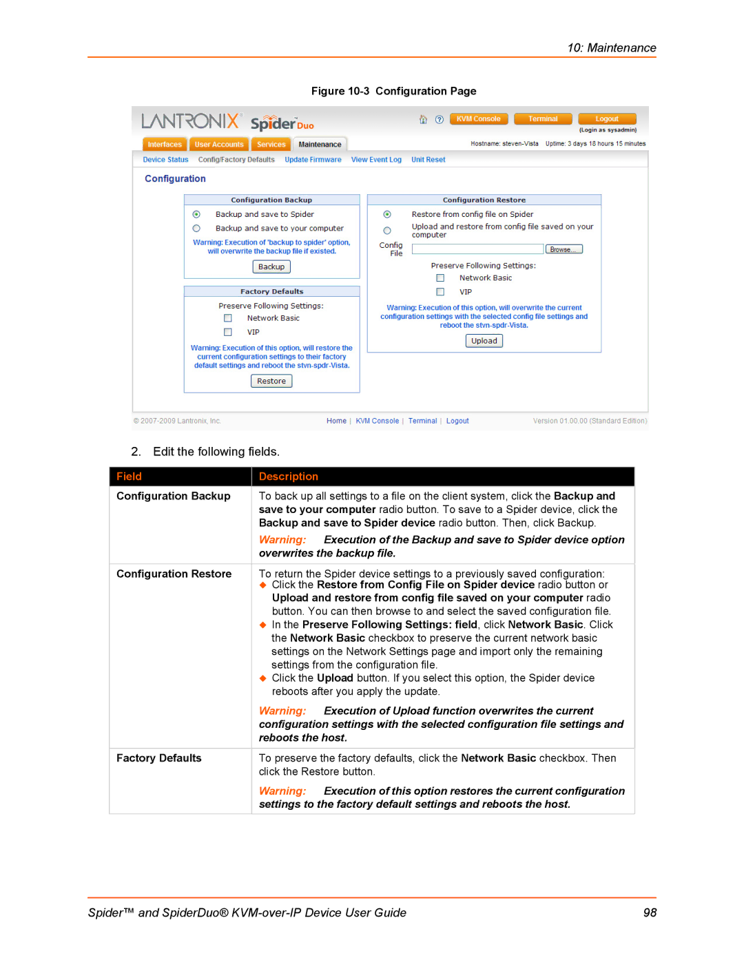 Lantronix SLSLP400PS201 manual Configuration Backup, Configuration Restore, Factory Defaults 