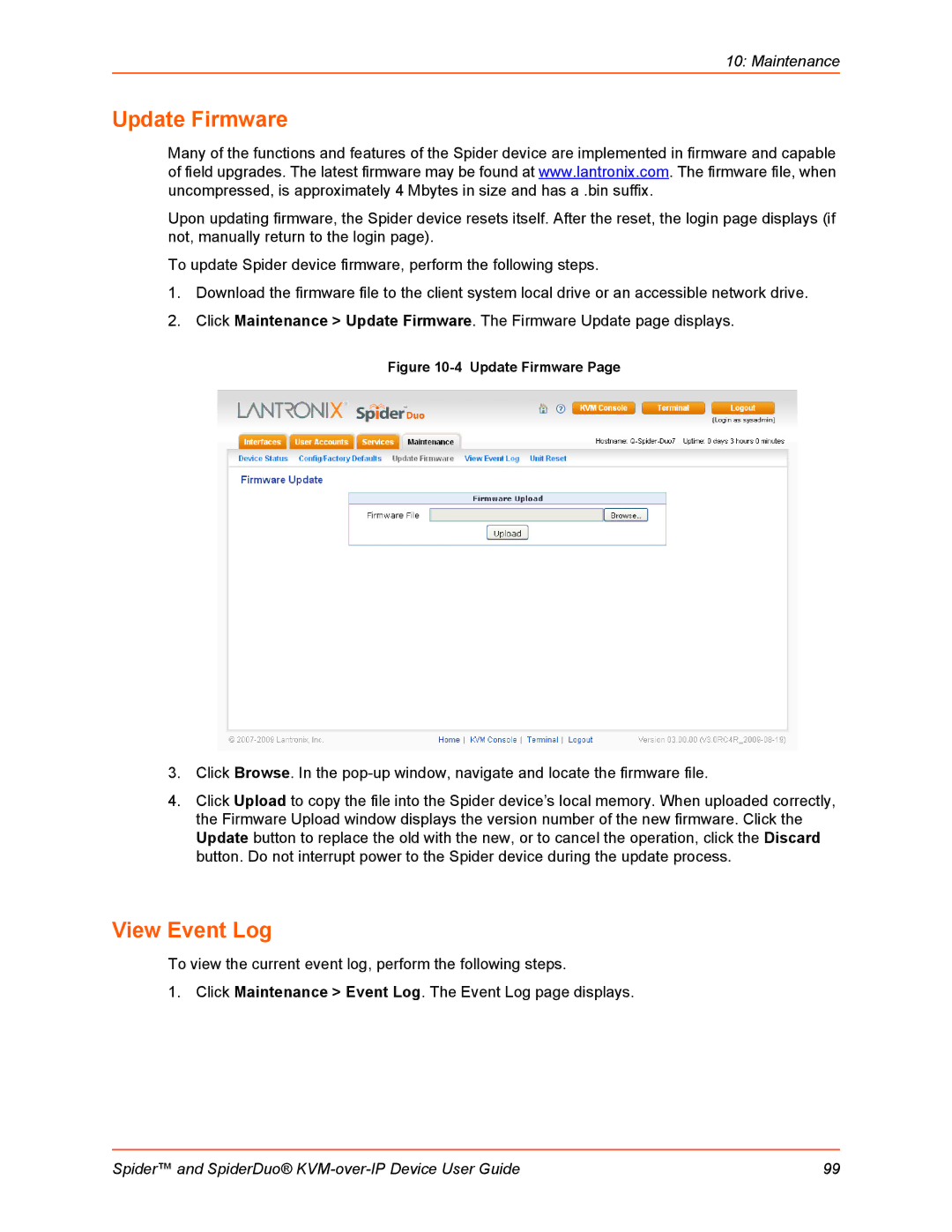 Lantronix SLSLP400PS201 manual Update Firmware, View Event Log 