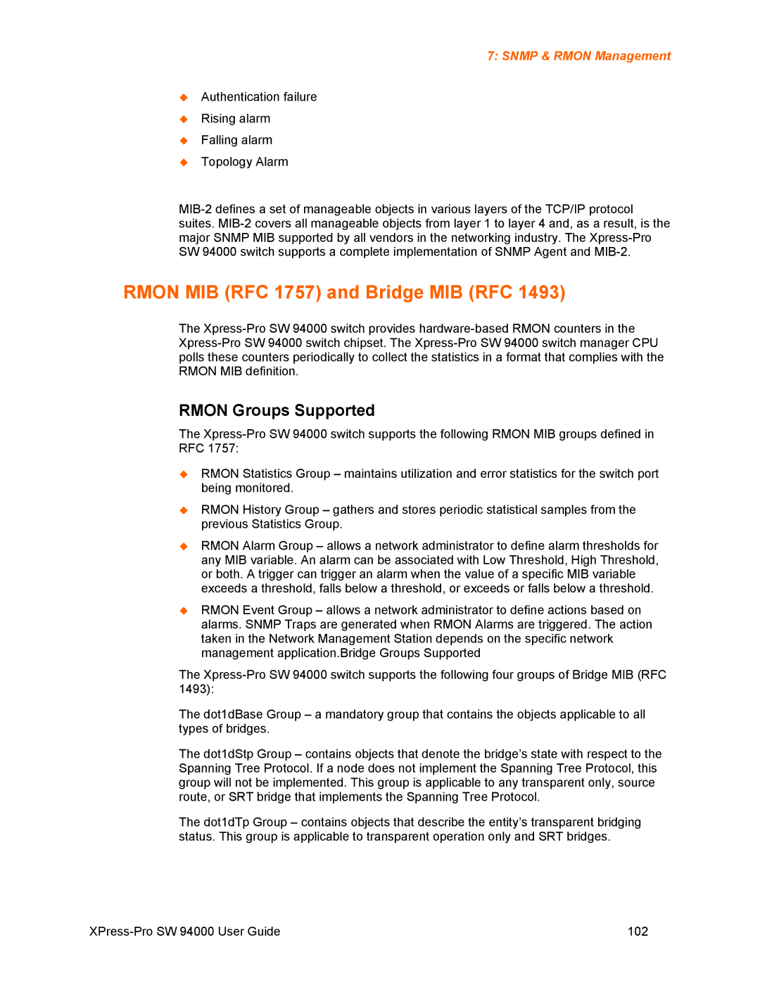 Lantronix SW 94000 manual Rmon MIB RFC 1757 and Bridge MIB RFC, Rmon Groups Supported 