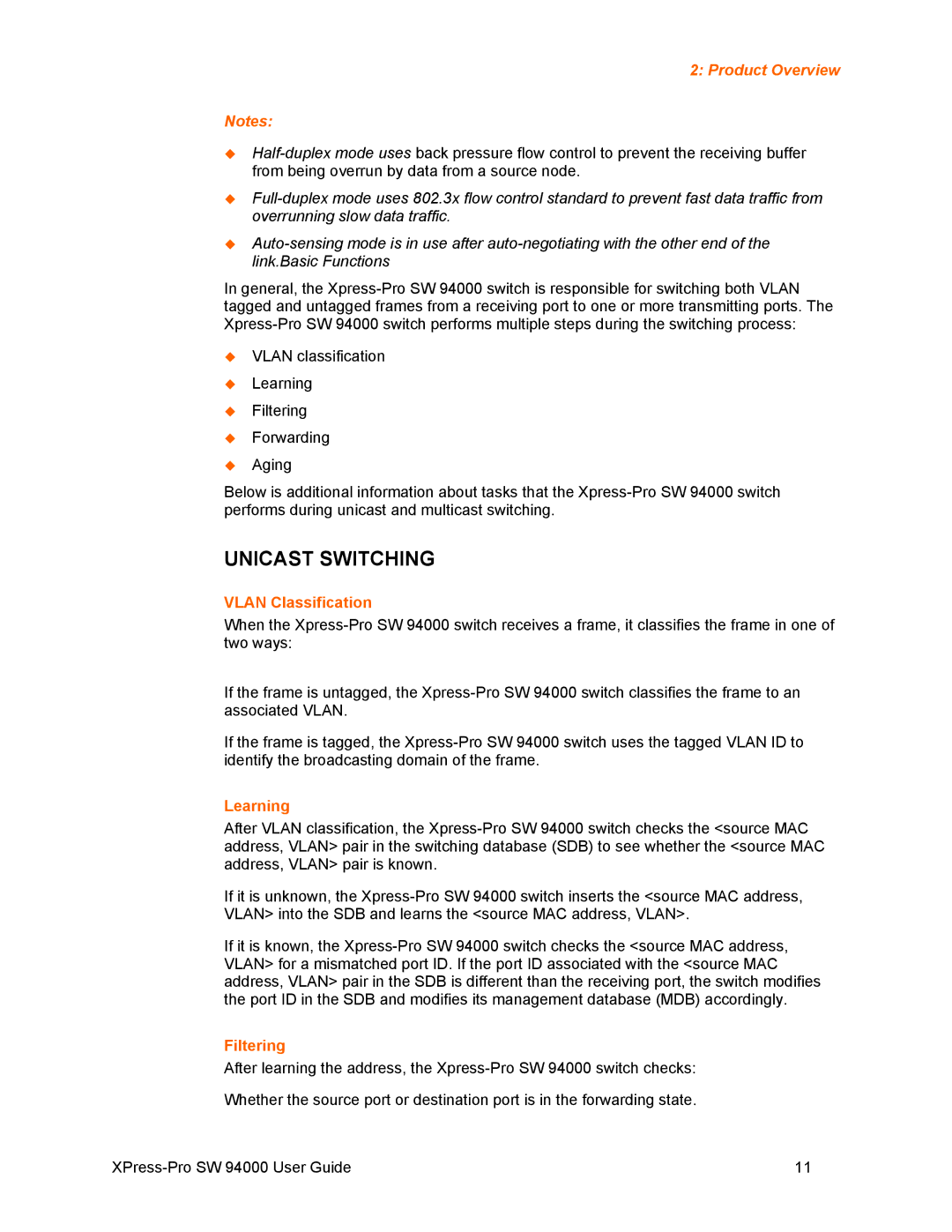 Lantronix SW 94000 manual Vlan Classification, Learning, Filtering 