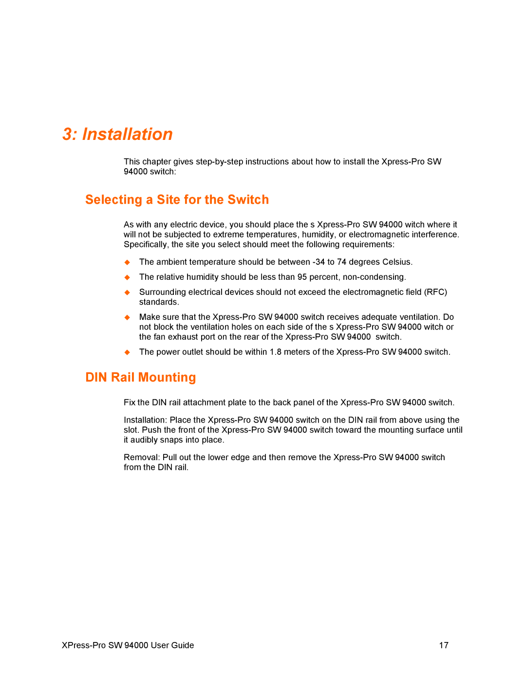 Lantronix SW 94000 manual Selecting a Site for the Switch, DIN Rail Mounting 