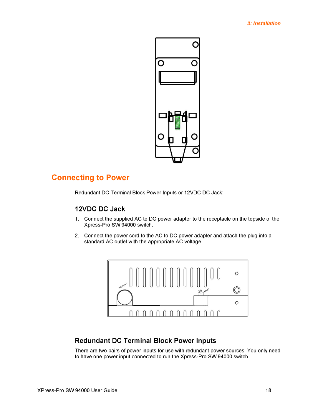 Lantronix SW 94000 manual Connecting to Power, 12VDC DC Jack, Redundant DC Terminal Block Power Inputs 