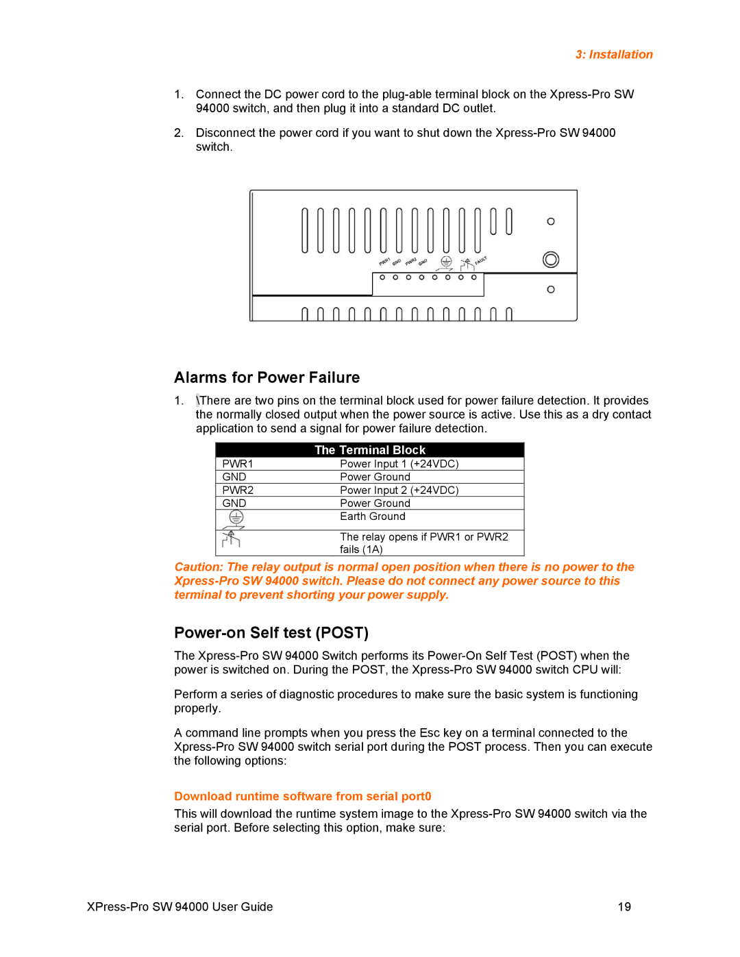 Lantronix SW 94000 manual Alarms for Power Failure, Power-on Self test Post, Download runtime software from serial port0 