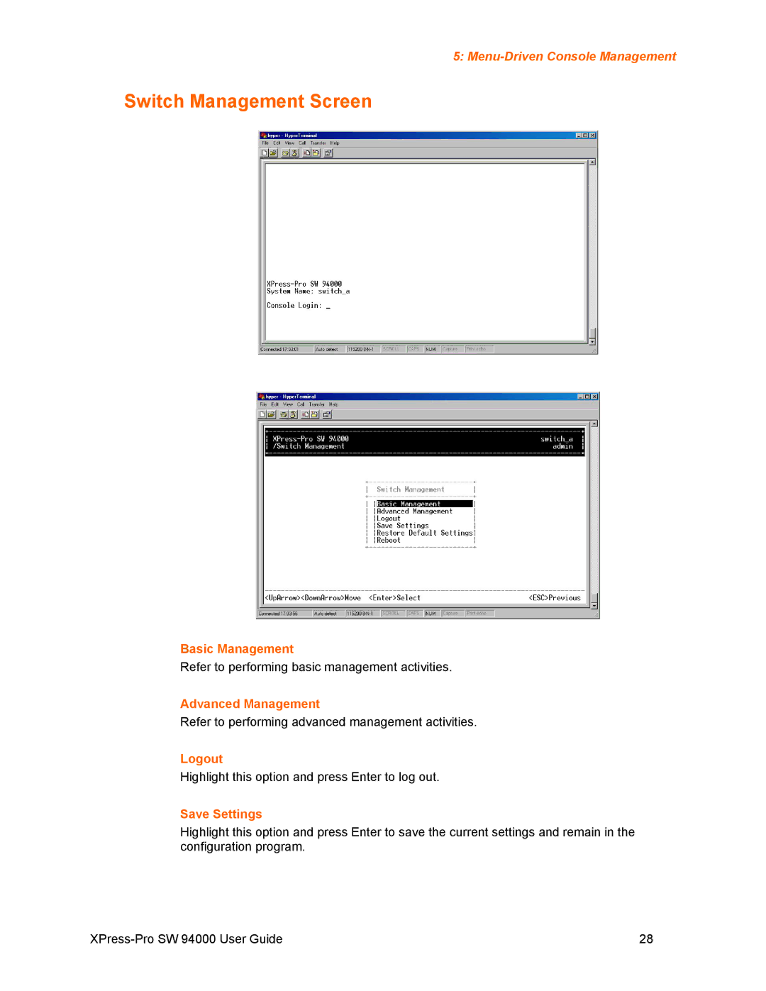 Lantronix SW 94000 manual Switch Management Screen, Basic Management, Advanced Management, Logout, Save Settings 