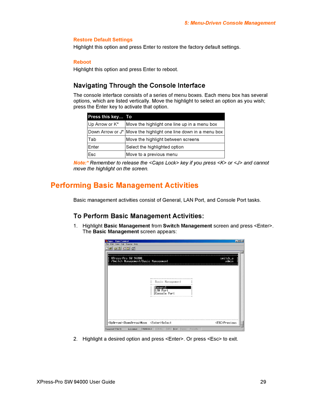 Lantronix SW 94000 manual Performing Basic Management Activities, Navigating Through the Console Interface, Reboot 