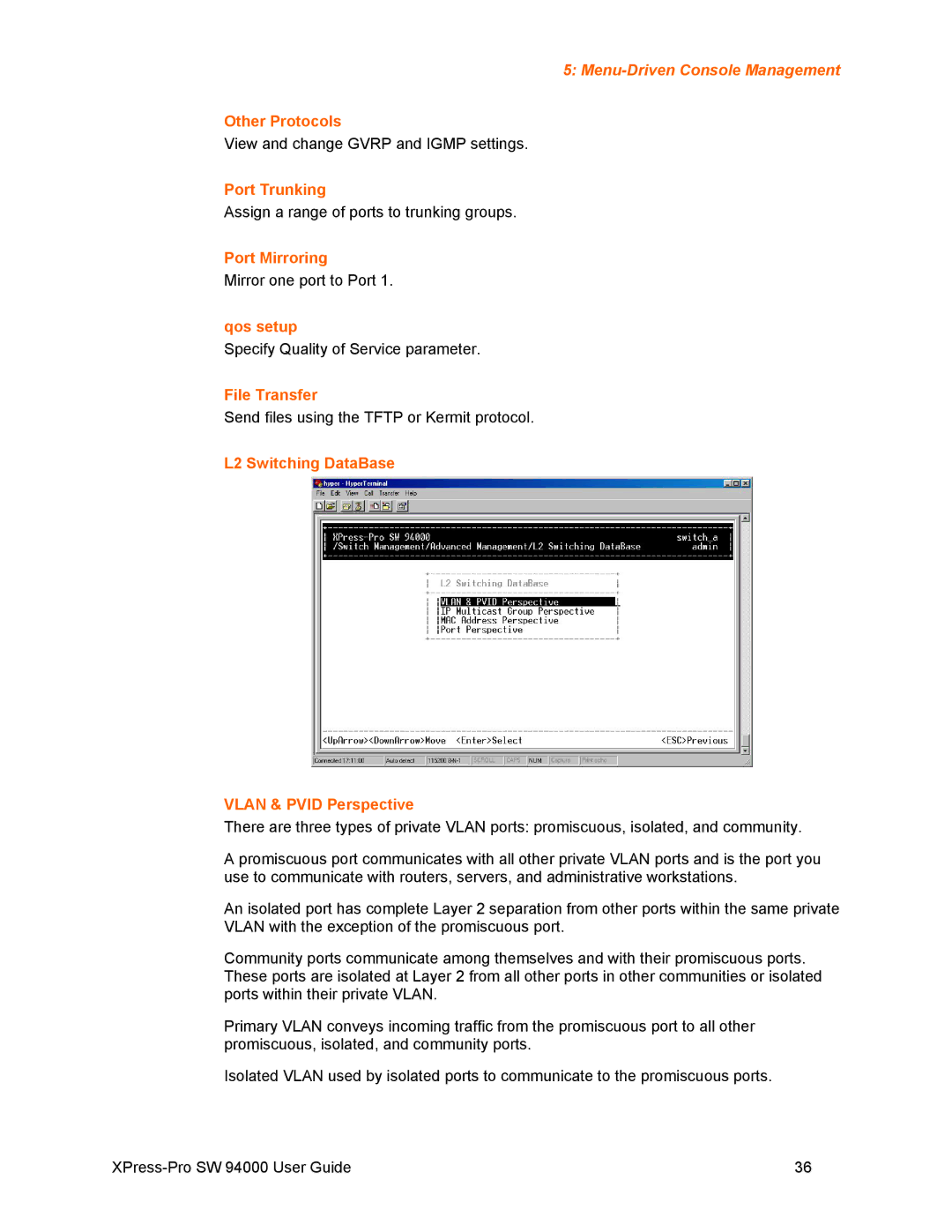 Lantronix SW 94000 manual Other Protocols, Port Trunking, Port Mirroring, Qos setup, File Transfer 