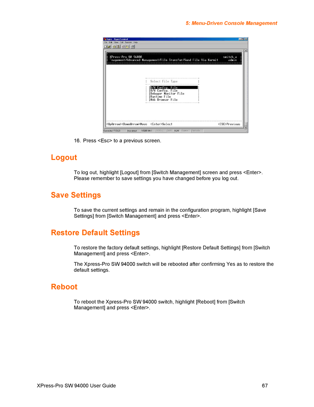 Lantronix SW 94000 manual Logout, Save Settings, Restore Default Settings, Reboot 