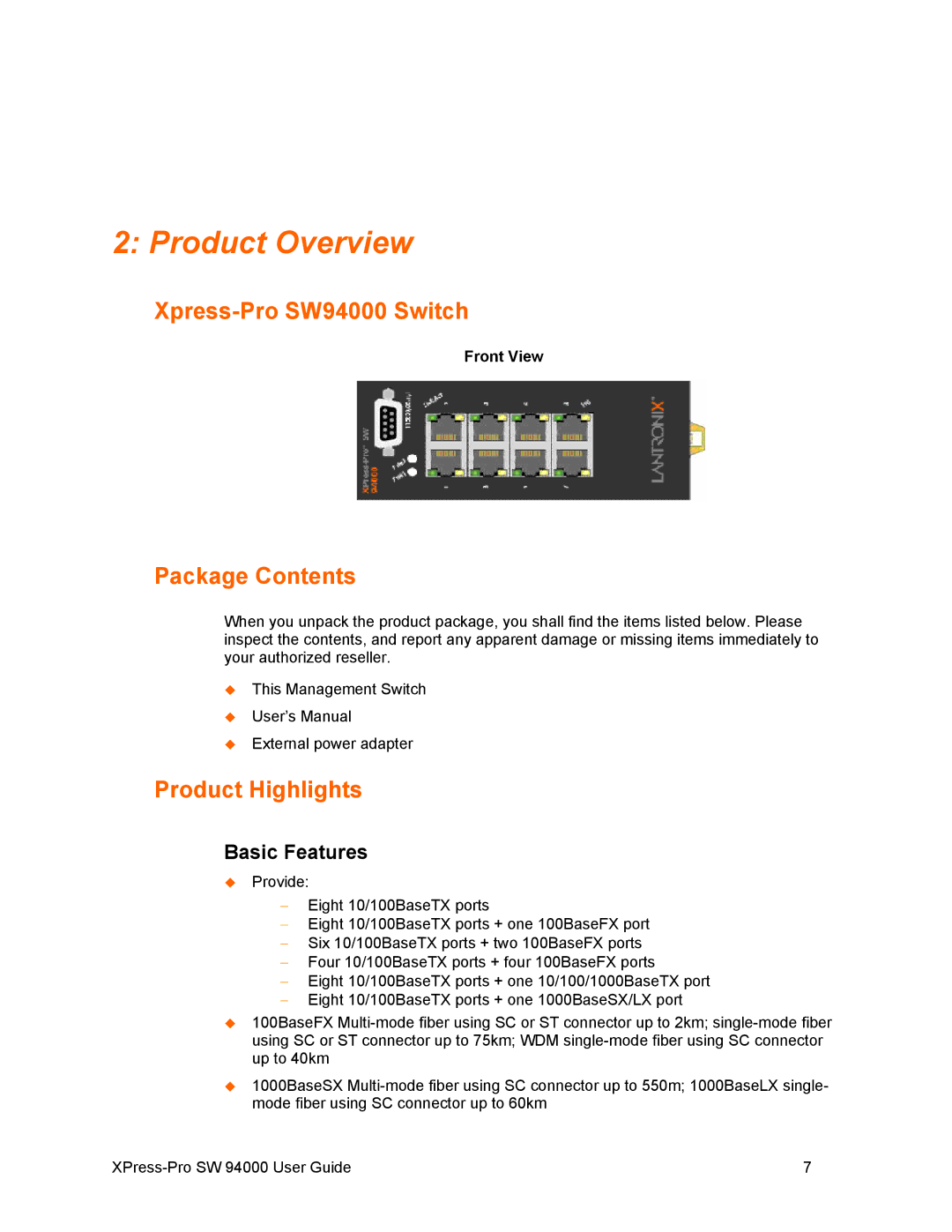 Lantronix SW 94000 manual Xpress-Pro SW94000 Switch, Package Contents, Product Highlights 