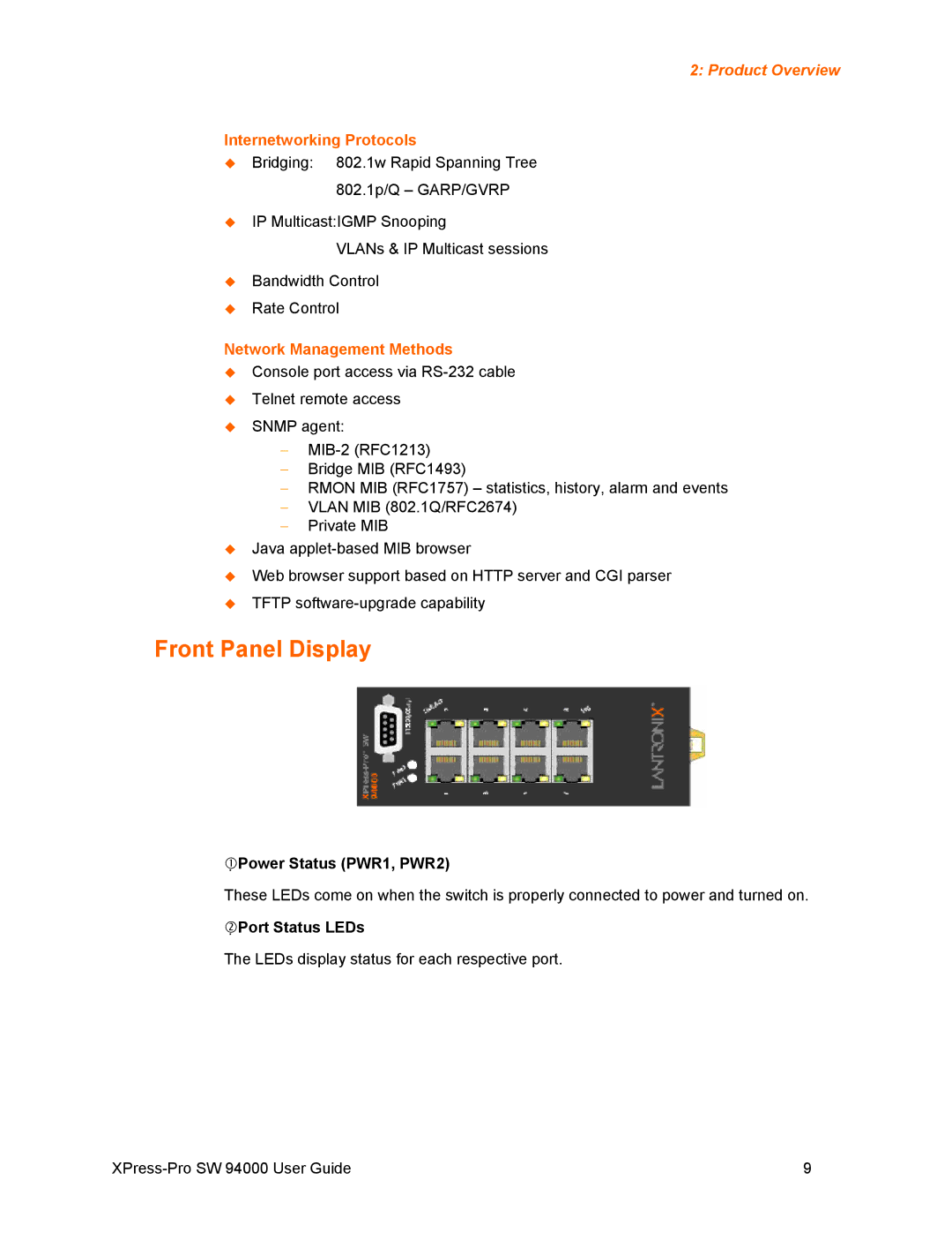 Lantronix SW 94000 manual Front Panel Display, Internetworking Protocols, Network Management Methods 