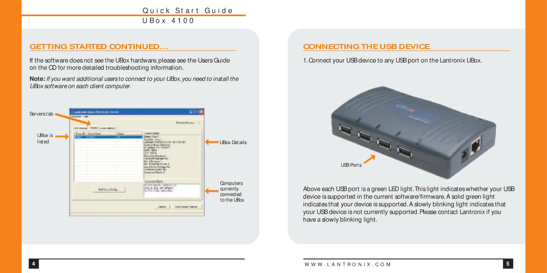 Lantronix UBOX4100 quick start Connecting the USB Device, Servers tab UBoxlistedis UBox Details, USB Ports 