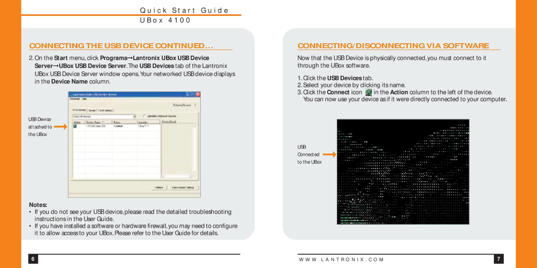 Lantronix UBOX4100 quick start Connecting the USB Device …, CONNECTING/DISCONNECTING VIA Software, Connectedto the UBox 