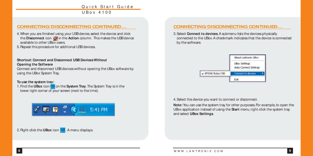 Lantronix UBOX4100 quick start Connecting/Disconnecting …, To use the system tray 