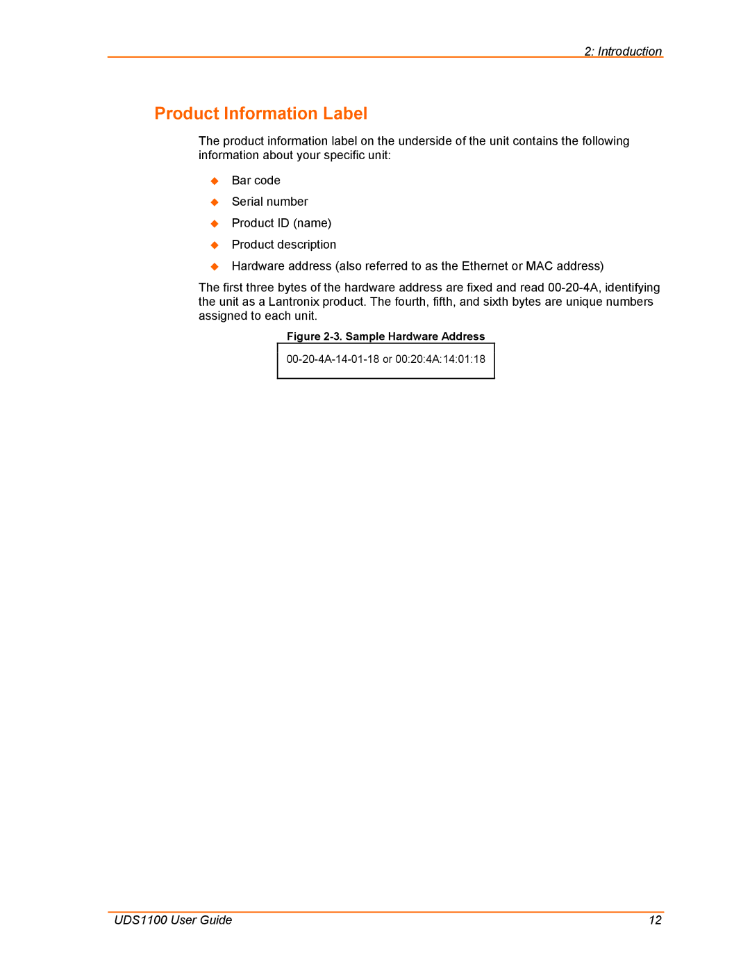 Lantronix UDS1100 manual Product Information Label, Sample Hardware Address 