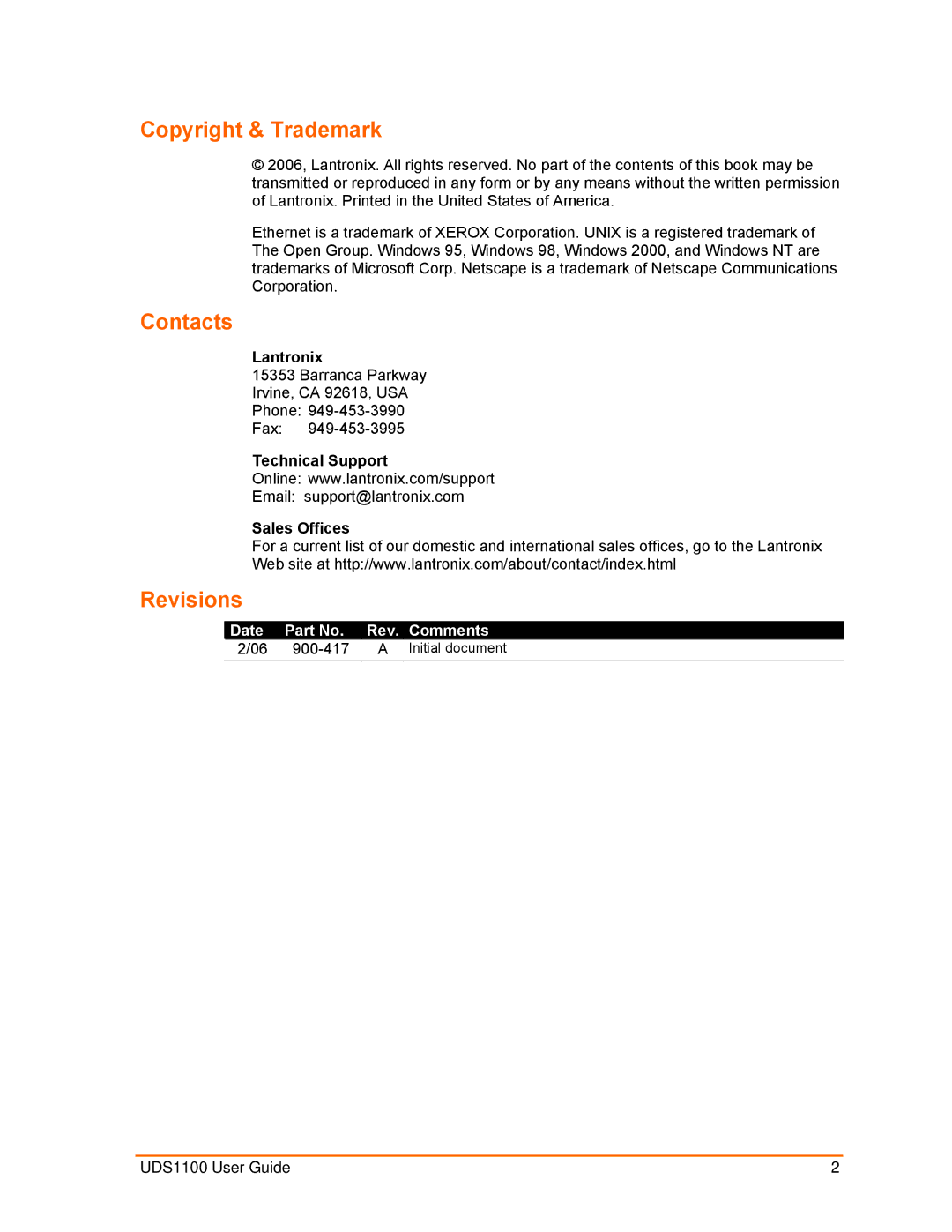 Lantronix UDS1100 manual Copyright & Trademark, Contacts, Revisions, Date Rev Comments 900-417 