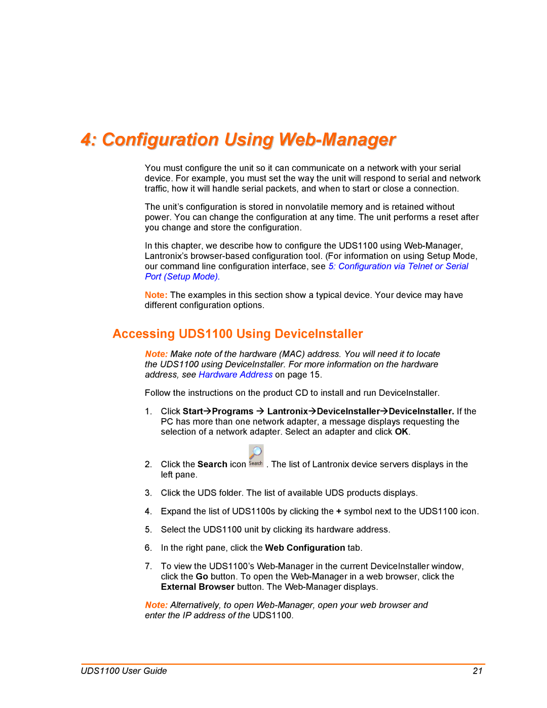 Lantronix manual Configuration Using Web-Manager, Accessing UDS1100 Using DeviceInstaller 