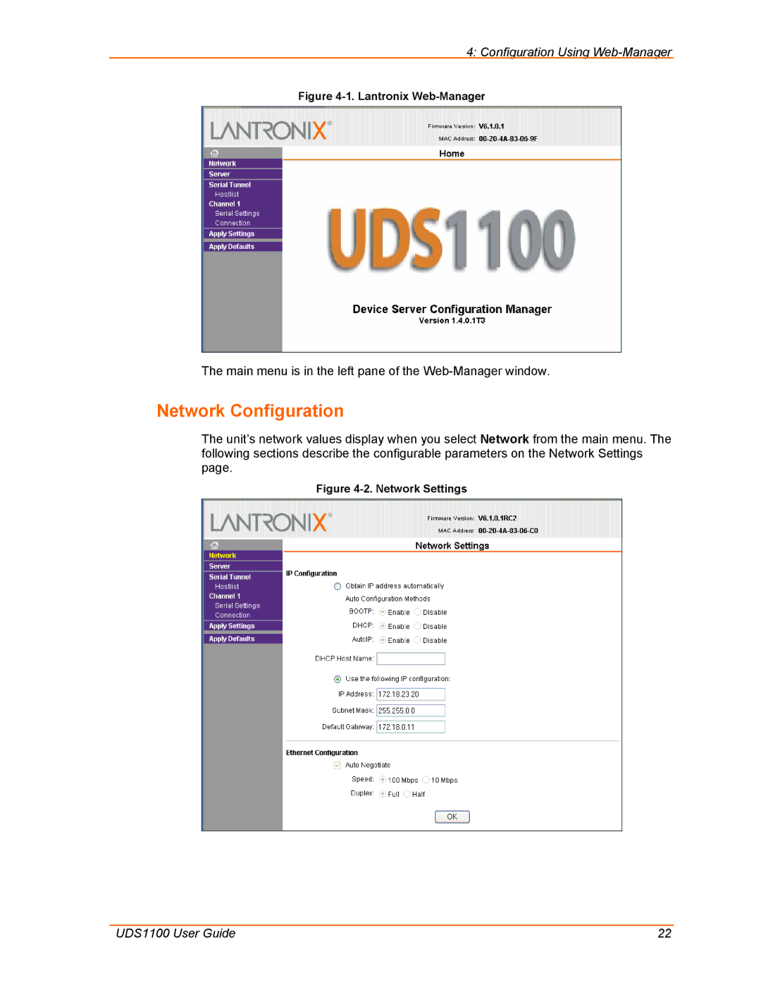 Lantronix UDS1100 manual Network Configuration, Lantronix Web-Manager 