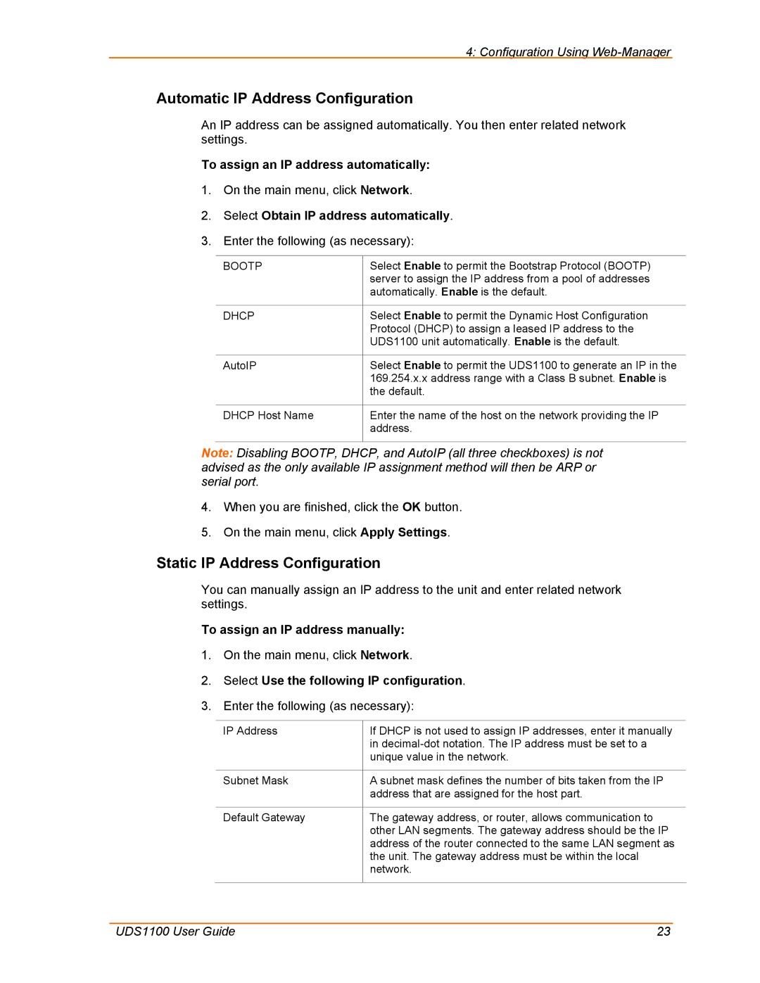 Lantronix UDS1100 manual Automatic IP Address Configuration, Static IP Address Configuration 