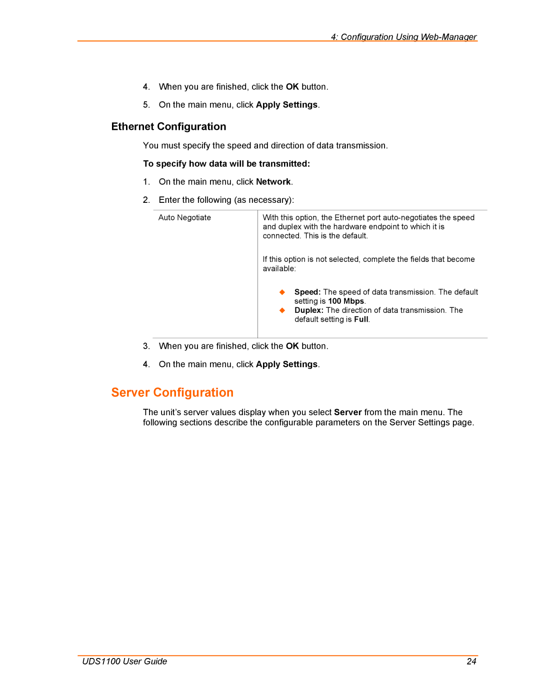 Lantronix UDS1100 manual Server Configuration, Ethernet Configuration, To specify how data will be transmitted 