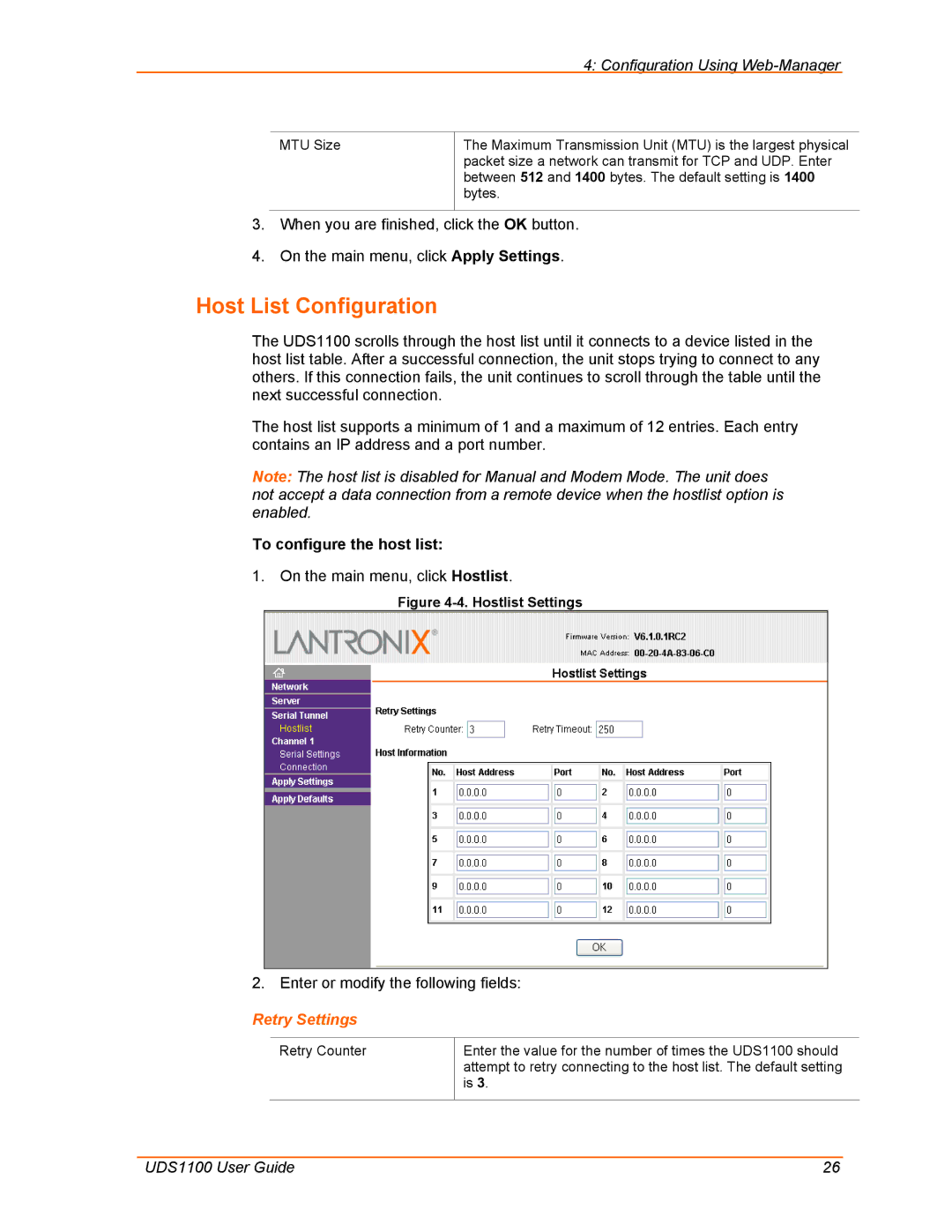 Lantronix UDS1100 manual Host List Configuration, To configure the host list, Retry Settings 