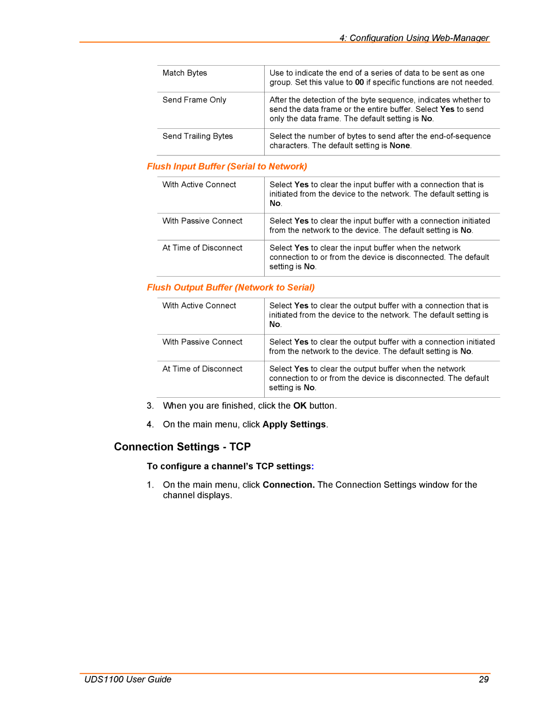 Lantronix UDS1100 Connection Settings TCP, Flush Input Buffer Serial to Network, Flush Output Buffer Network to Serial 