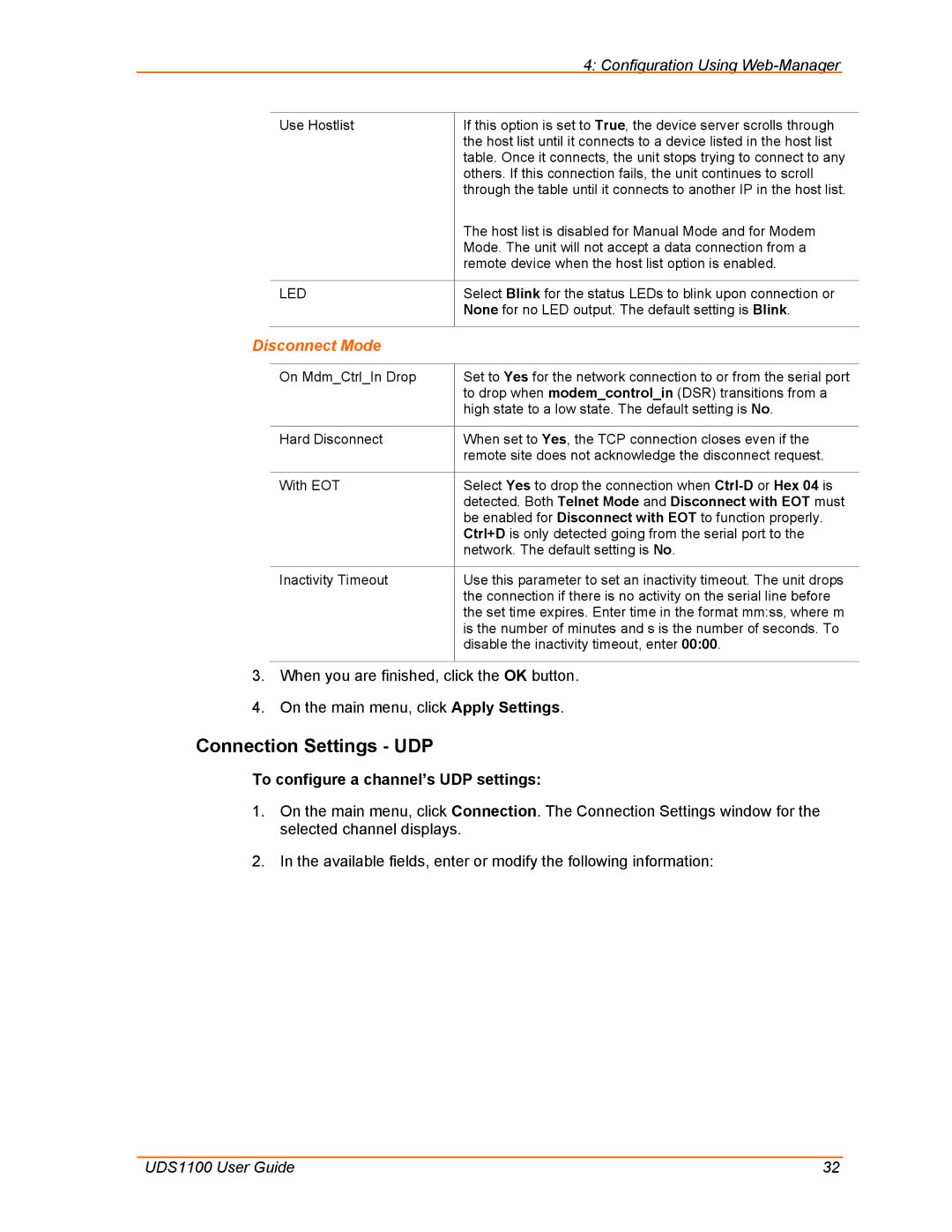 Lantronix UDS1100 manual Connection Settings UDP, Disconnect Mode, To configure a channel’s UDP settings 