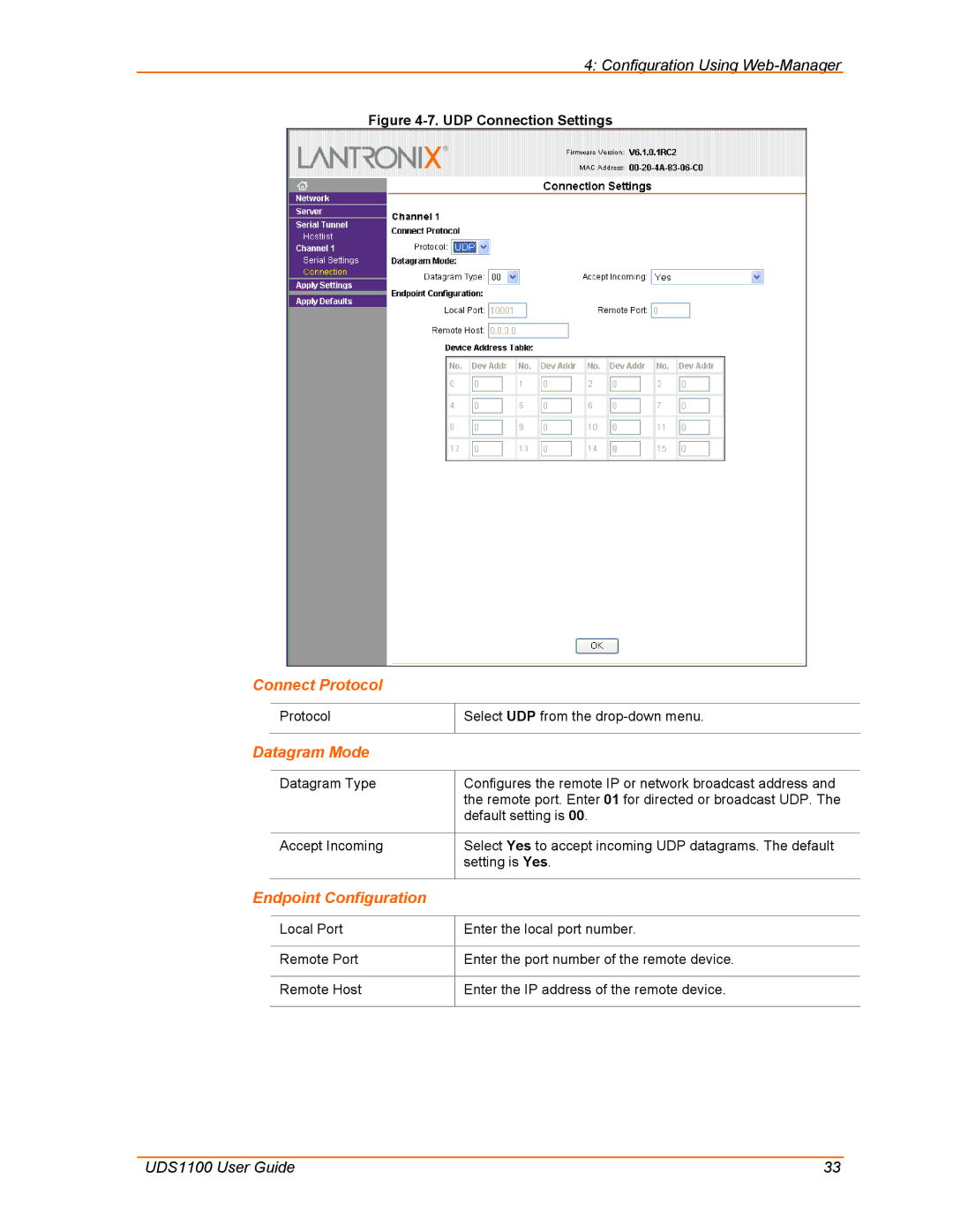 Lantronix UDS1100 manual Datagram Mode, UDP Connection Settings 