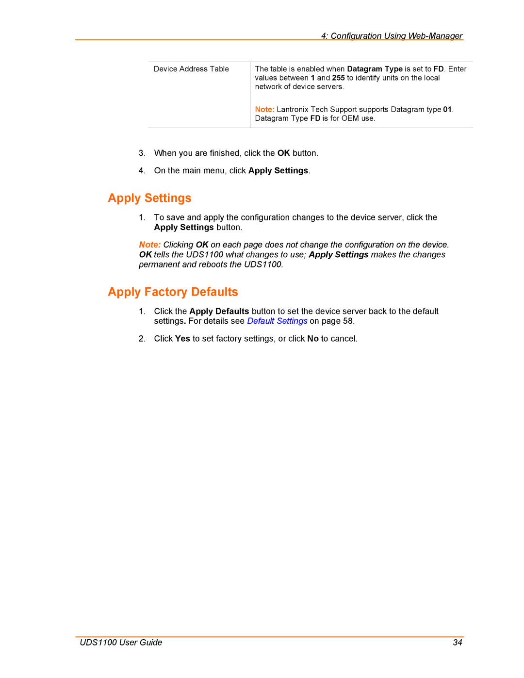 Lantronix UDS1100 manual Apply Settings, Apply Factory Defaults 