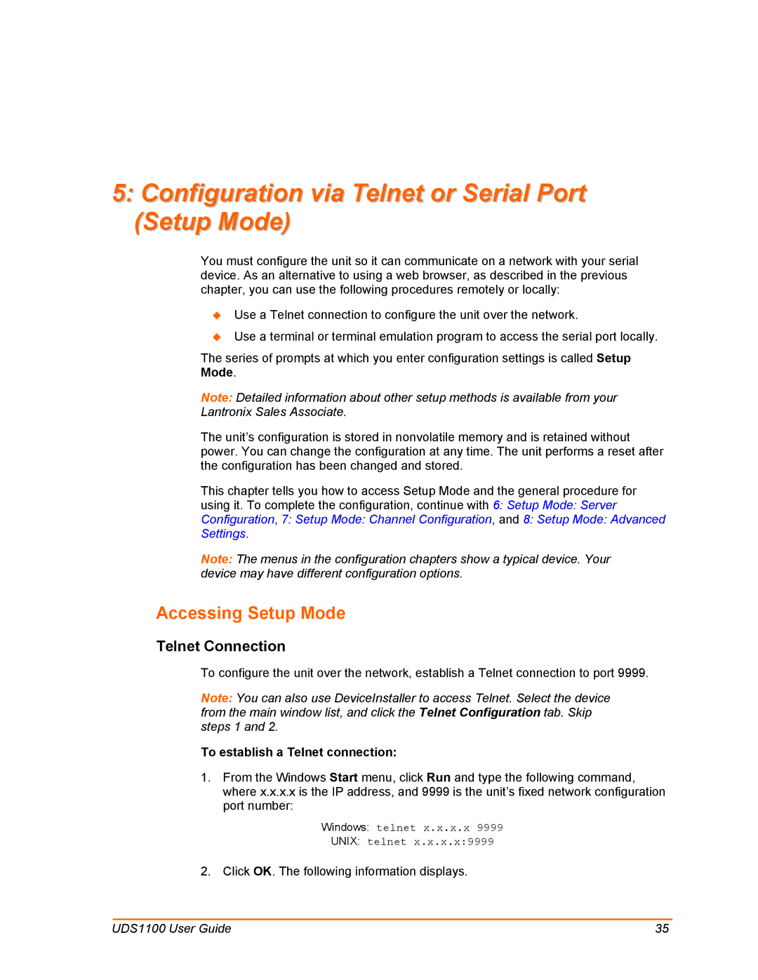 Lantronix UDS1100 manual Configuration via Telnet or Serial Port Setup Mode, Accessing Setup Mode, Telnet Connection 