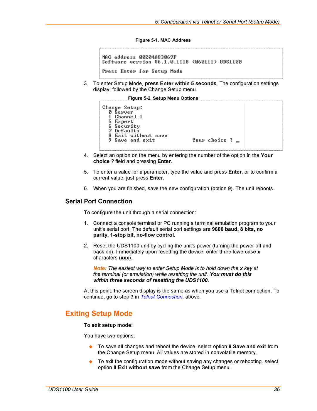 Lantronix UDS1100 manual Exiting Setup Mode, Serial Port Connection, To exit setup mode 