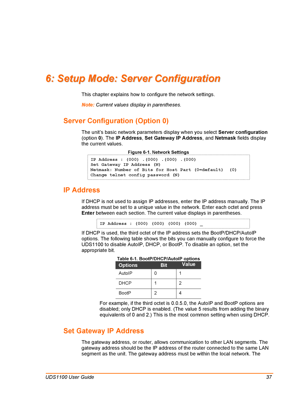 Lantronix UDS1100 manual Setup Mode Server Configuration, Server Configuration Option, Set Gateway IP Address 