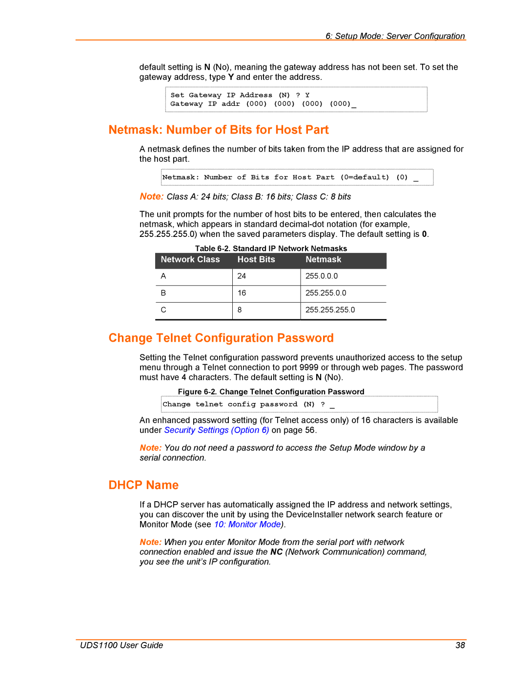 Lantronix UDS1100 manual Netmask Number of Bits for Host Part, Change Telnet Configuration Password, Dhcp Name 