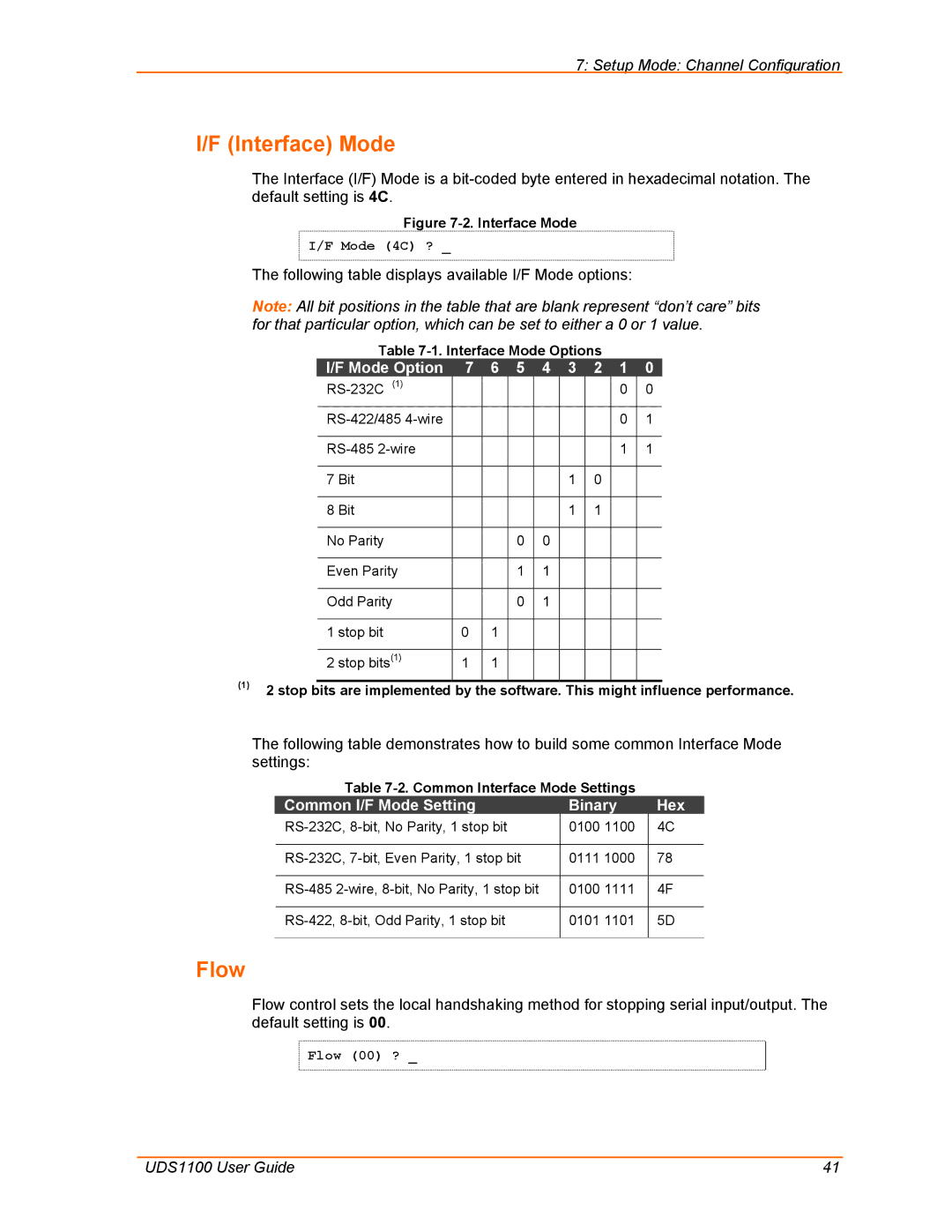 Lantronix UDS1100 manual Interface Mode, Flow, Mode Option, Common I/F Mode Setting Binary, Hex 