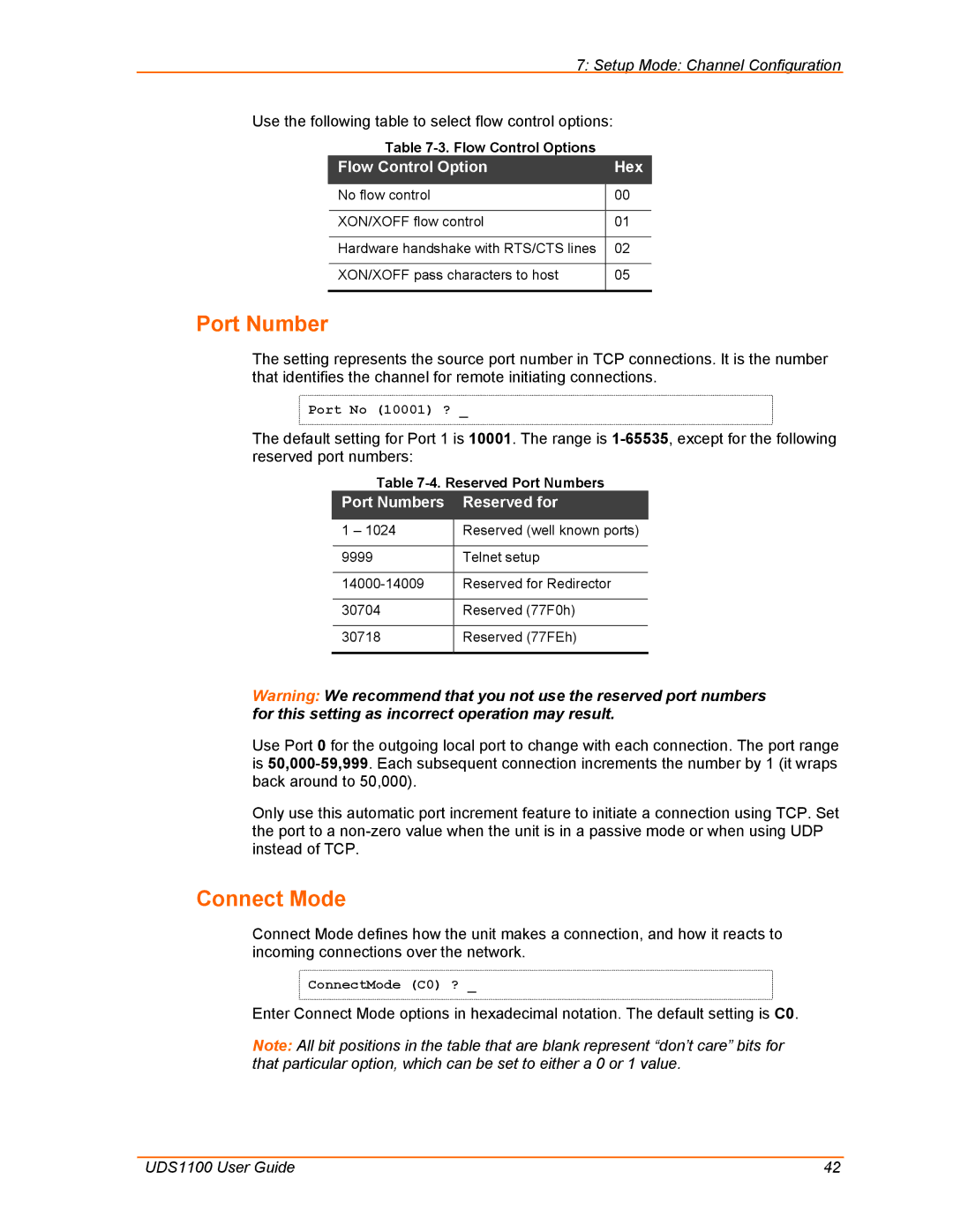 Lantronix UDS1100 manual Connect Mode, Flow Control Option Hex, Port Numbers Reserved for 