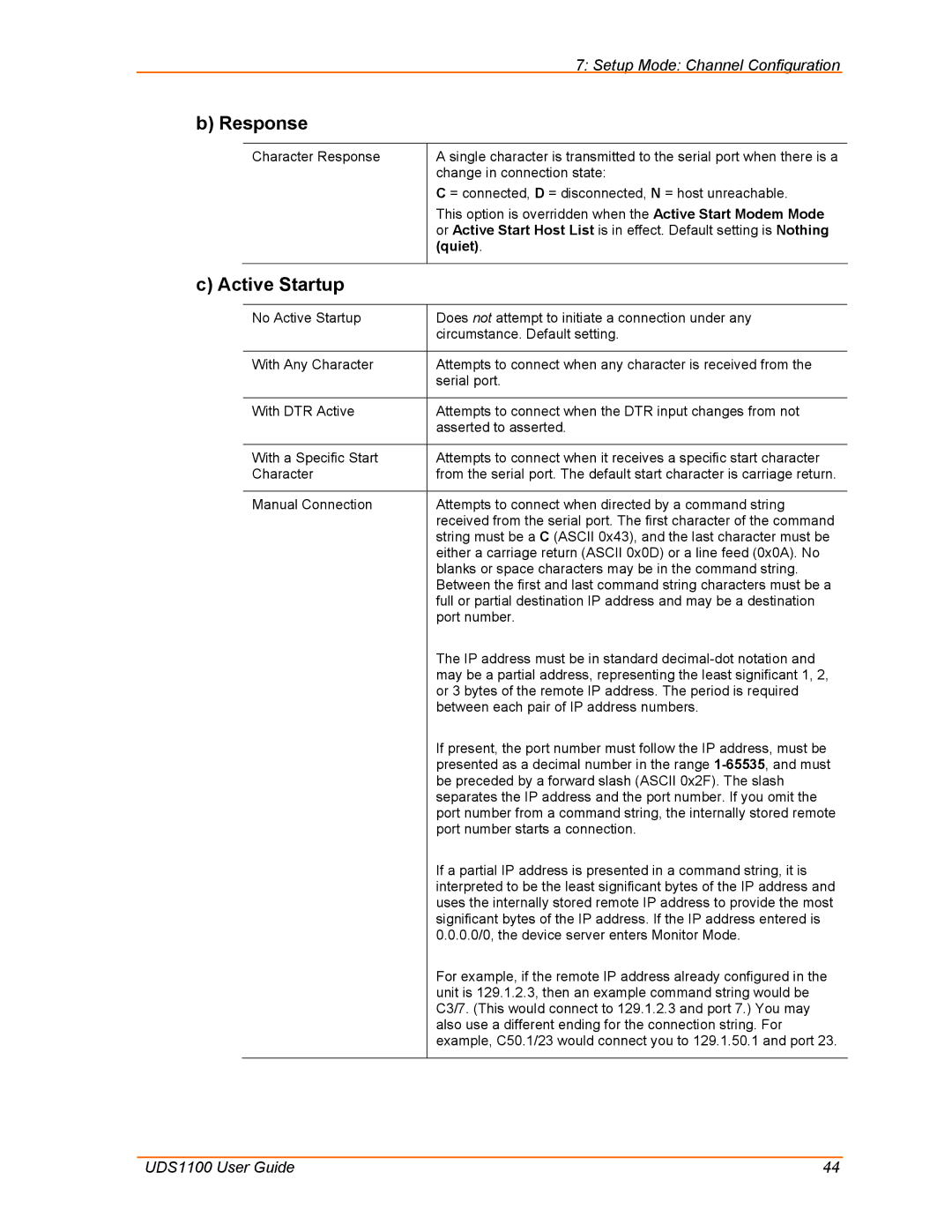 Lantronix UDS1100 manual Response, Active Startup 