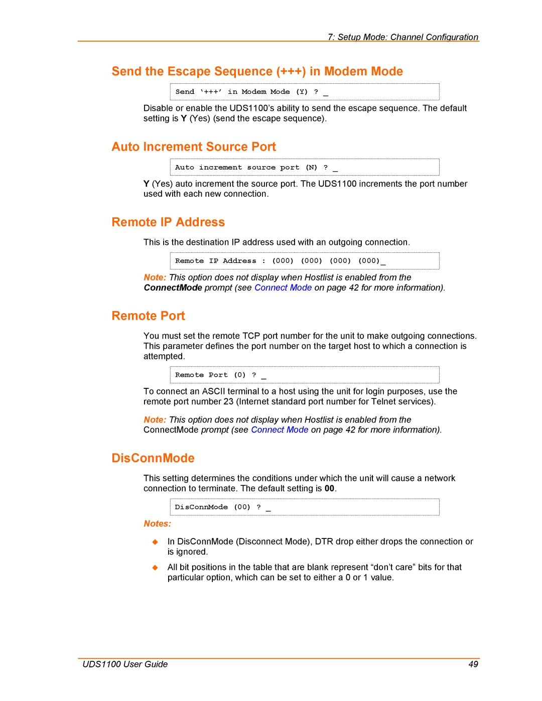 Lantronix UDS1100 Send the Escape Sequence +++ in Modem Mode, Auto Increment Source Port, Remote IP Address, Remote Port 