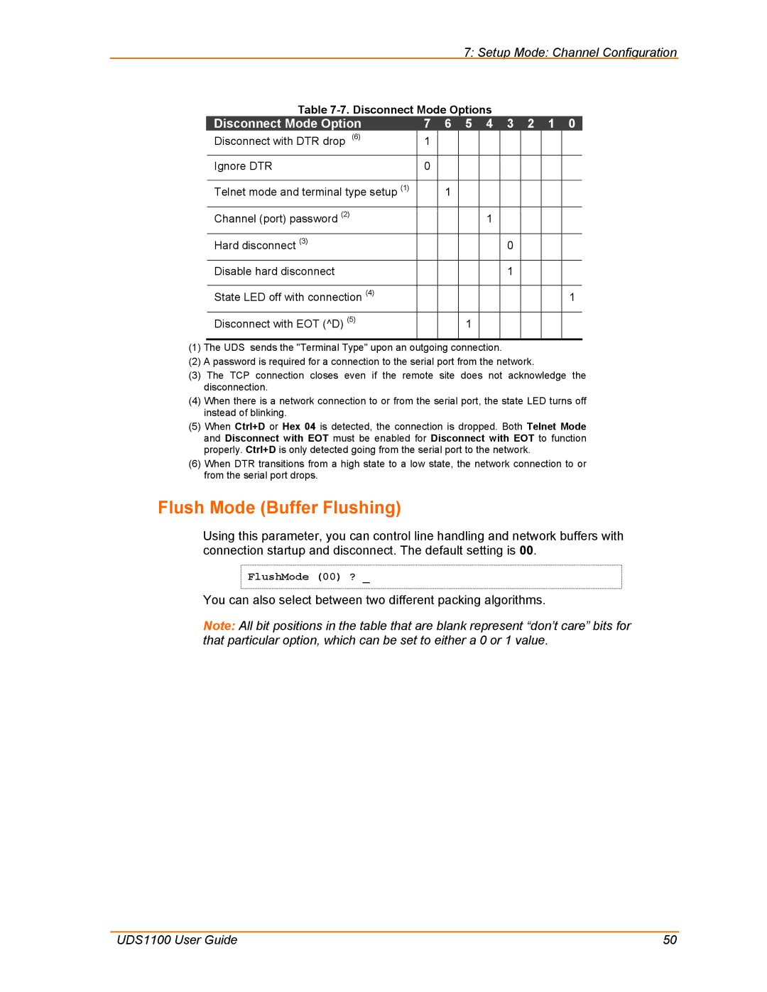 Lantronix UDS1100 manual Flush Mode Buffer Flushing, Disconnect Mode Option 