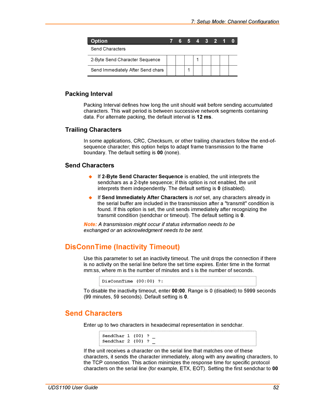 Lantronix UDS1100 manual DisConnTime Inactivity Timeout, Send Characters, Packing Interval, Trailing Characters 