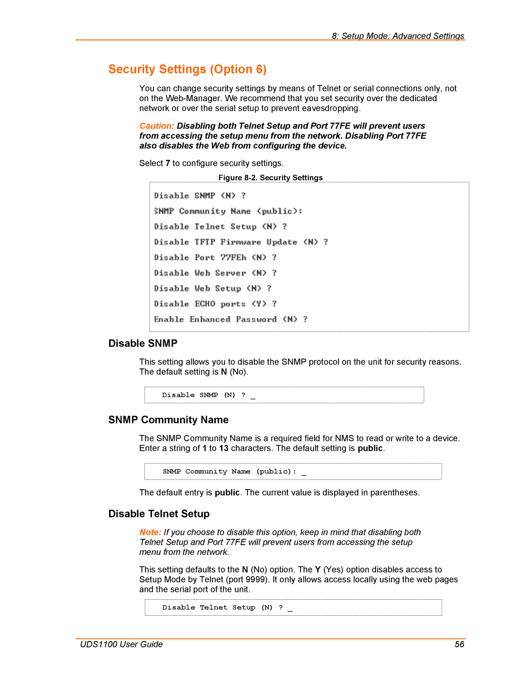 Lantronix UDS1100 manual Security Settings Option, Disable Snmp, Snmp Community Name, Disable Telnet Setup 