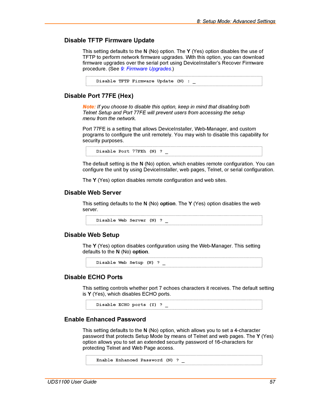 Lantronix UDS1100 manual Disable Tftp Firmware Update, Disable Port 77FE Hex, Disable Web Server, Disable Web Setup 