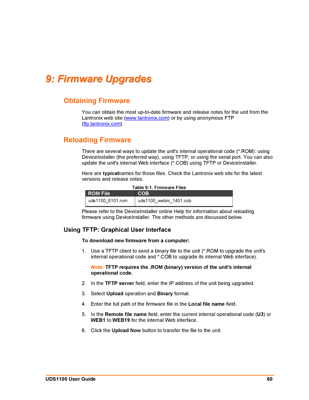 Lantronix UDS1100 Firmware Upgrades, Obtaining Firmware Reloading Firmware, Using Tftp Graphical User Interface, ROM File 