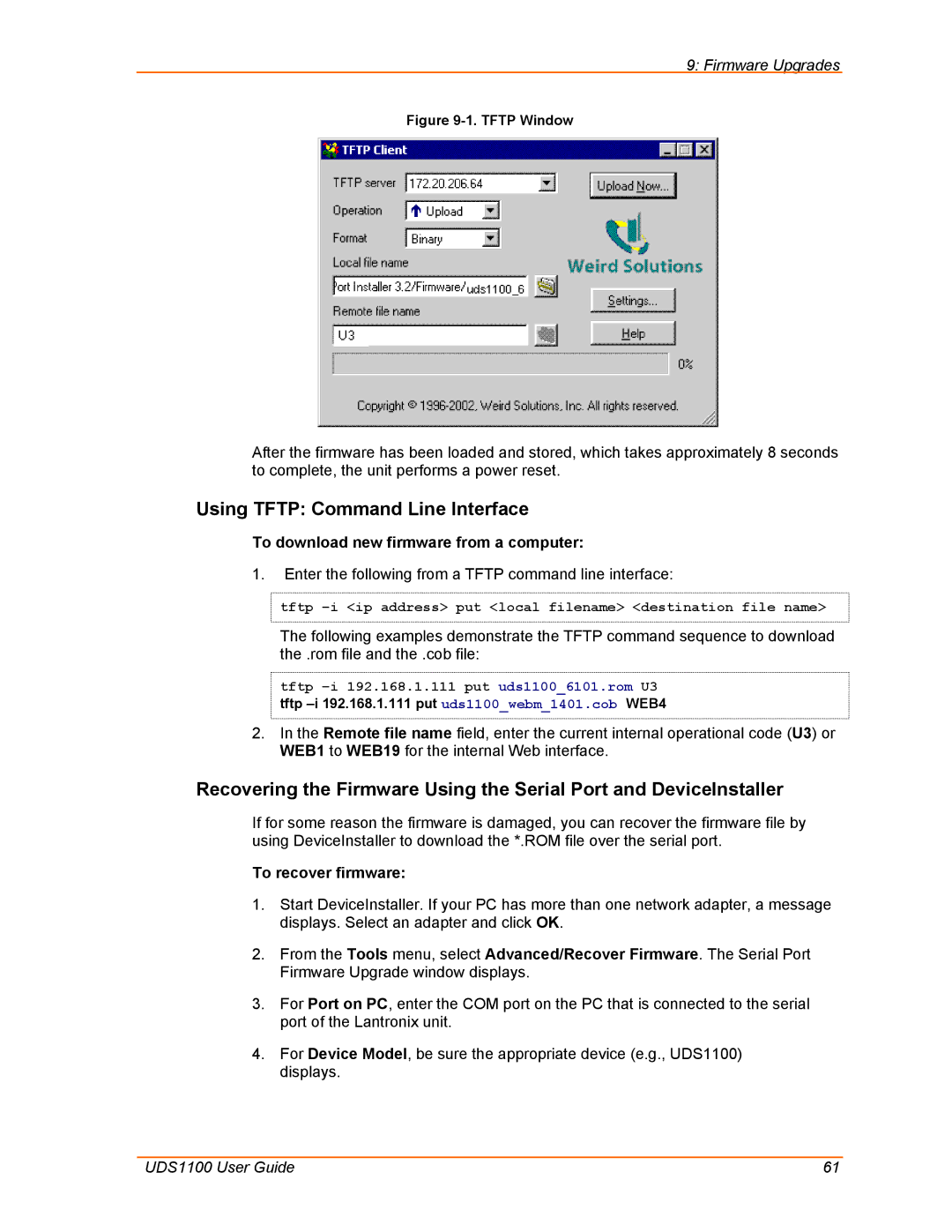 Lantronix UDS1100 manual Using Tftp Command Line Interface, To recover firmware 