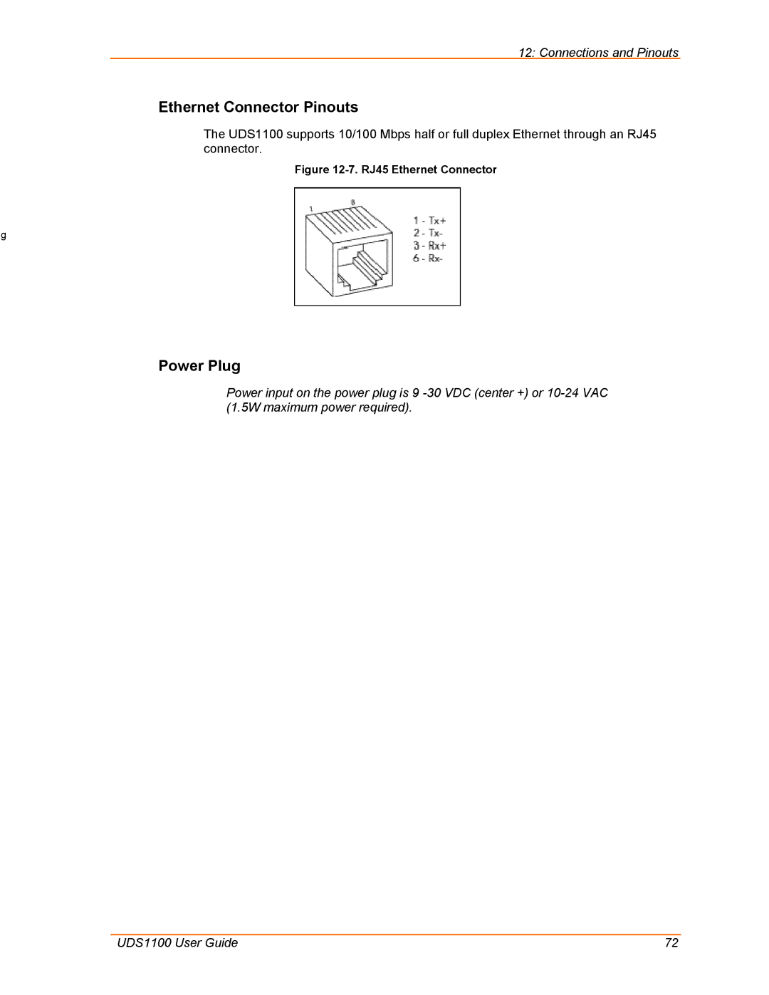 Lantronix UDS1100 manual Ethernet Connector Pinouts, Power Plug 