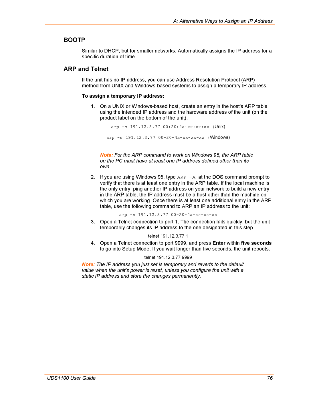 Lantronix UDS1100 manual ARP and Telnet, To assign a temporary IP address 