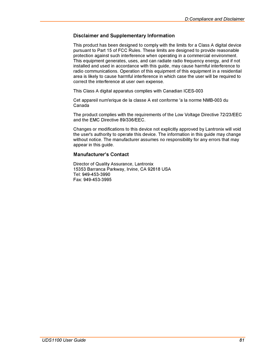 Lantronix UDS1100 manual Disclaimer and Supplementary Information 