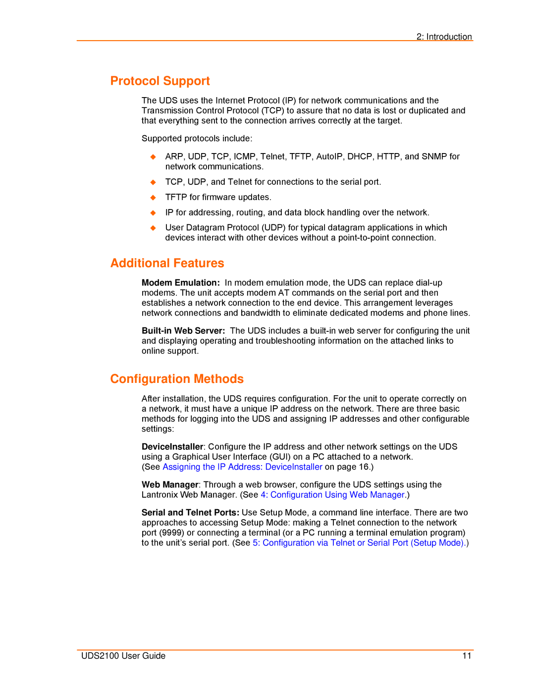 Lantronix UDS2100 manual Protocol Support, Additional Features, Configuration Methods 