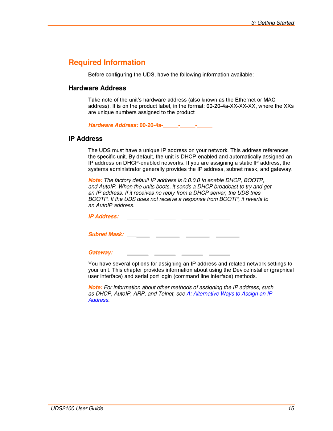 Lantronix UDS2100 manual Required Information, Hardware Address, IP Address Subnet Mask Gateway 